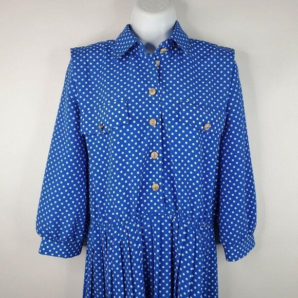 Vintage 80s Lady Carol Secretary Blue Dress Polyester Size 6 P Polka Dot - Picture 1 of 7